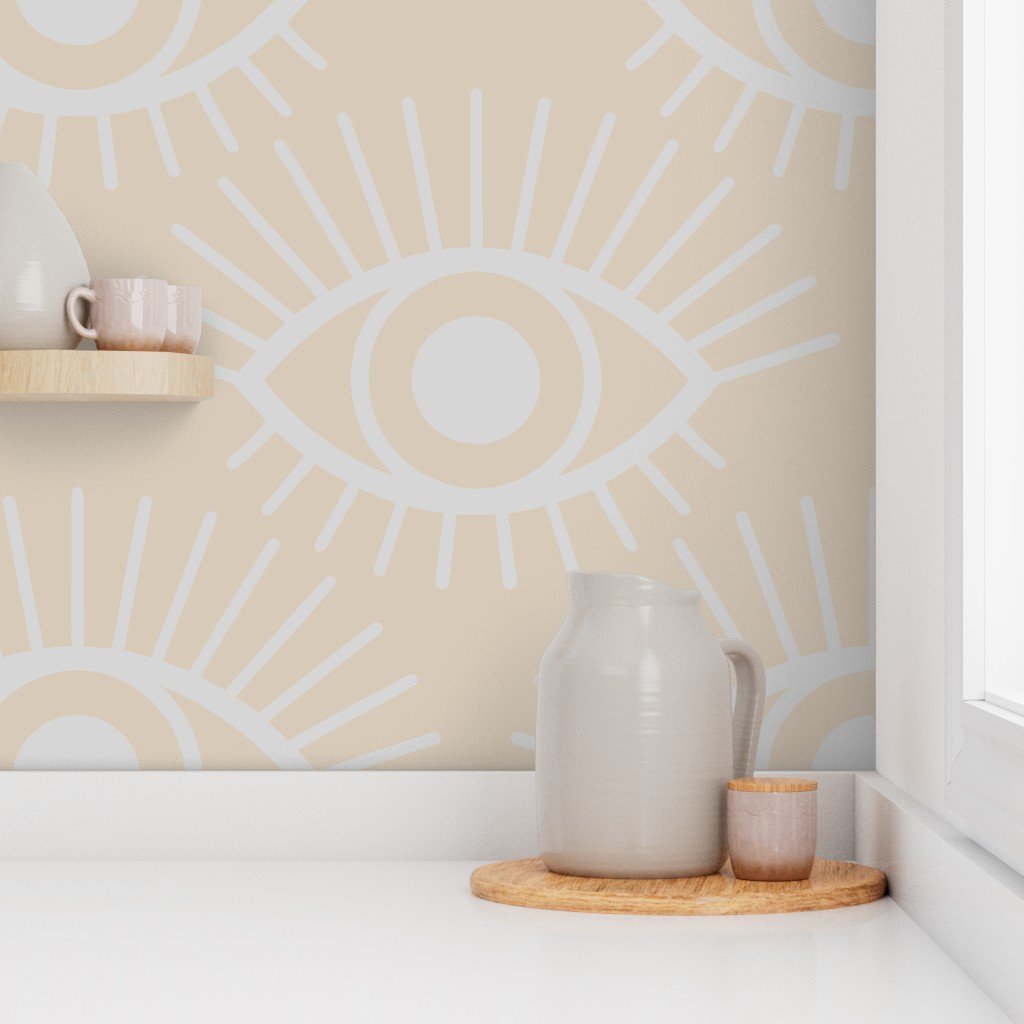 Mystical Eye Symbol in Warm Beige and Light Dove Grey Narrow Spaced Wallpaper