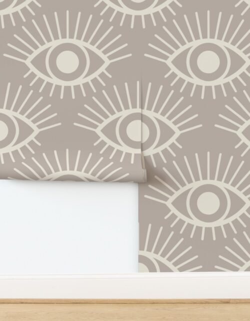 Mystical Eye Symbols in Misty Taupe and Sandstone Cream Wallpaper