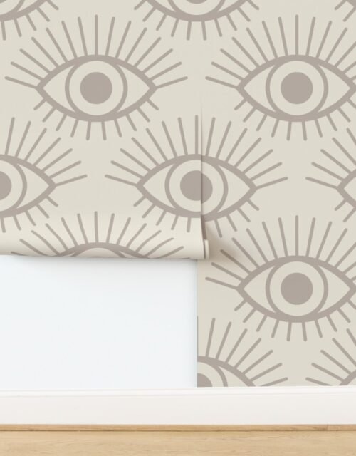 Mystical Eye Symbols in Misty Taupe and Sandstone Cream Wallpaper