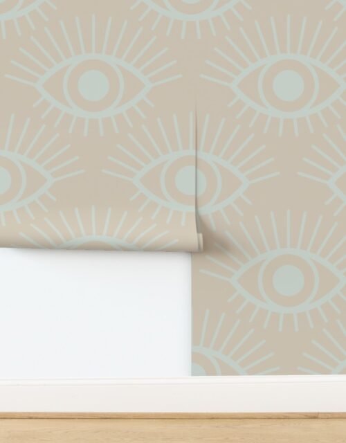 Mystical Eye Symbols in Pale Sage Green and Driftwood Grey Wallpaper