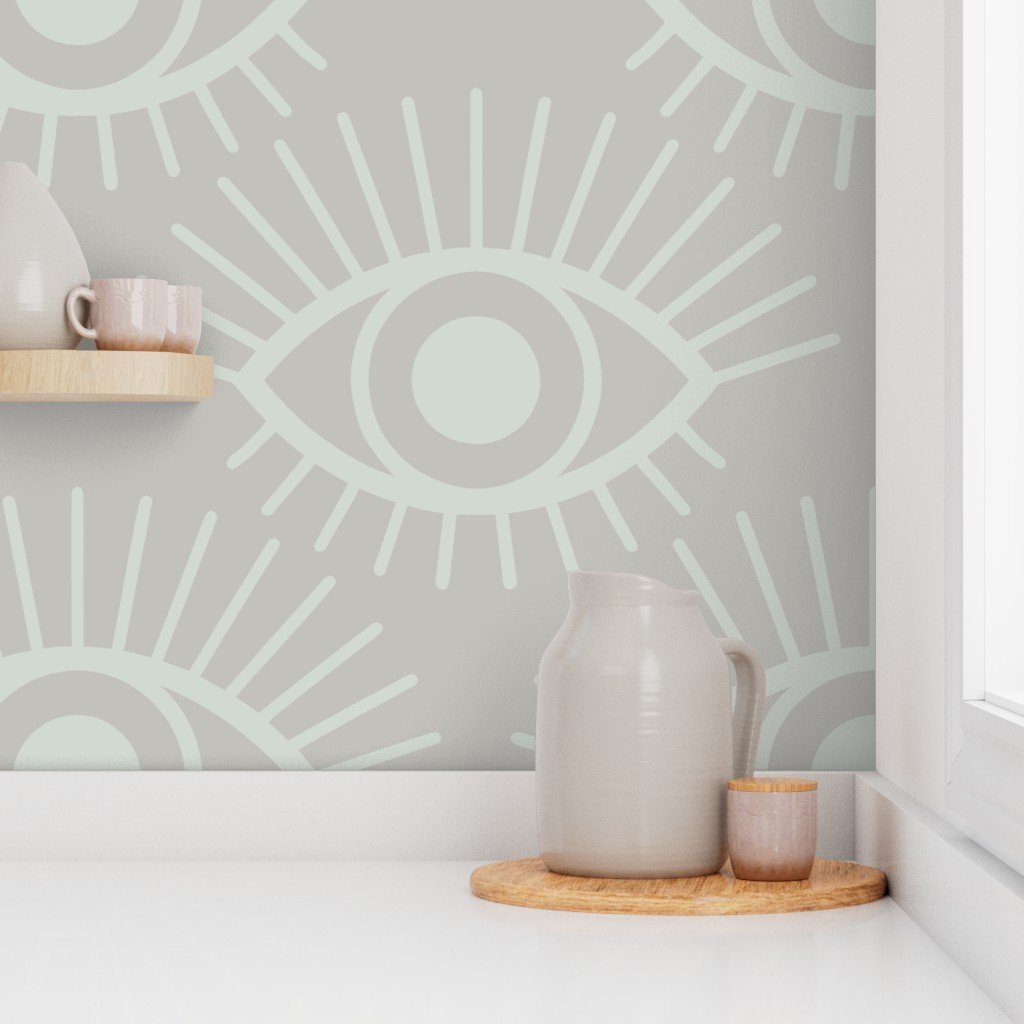 Mystical Eye Symbols in Pale Sage Green and Driftwood Grey Wallpaper
