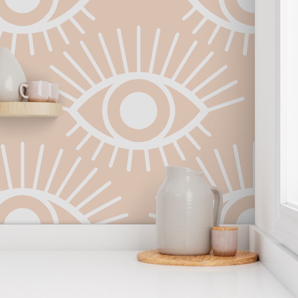 Mystical Eye Symbols in Muted Clay Pink and Cloud Grey Wallpaper