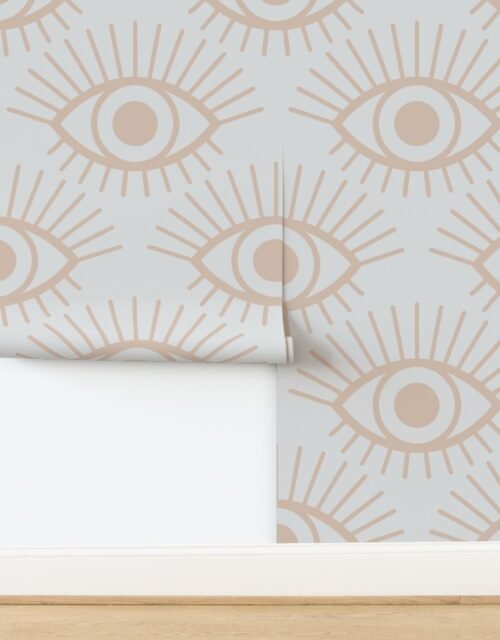Mystical Eye Symbols in Muted Clay Pink and Cloud Grey Wallpaper