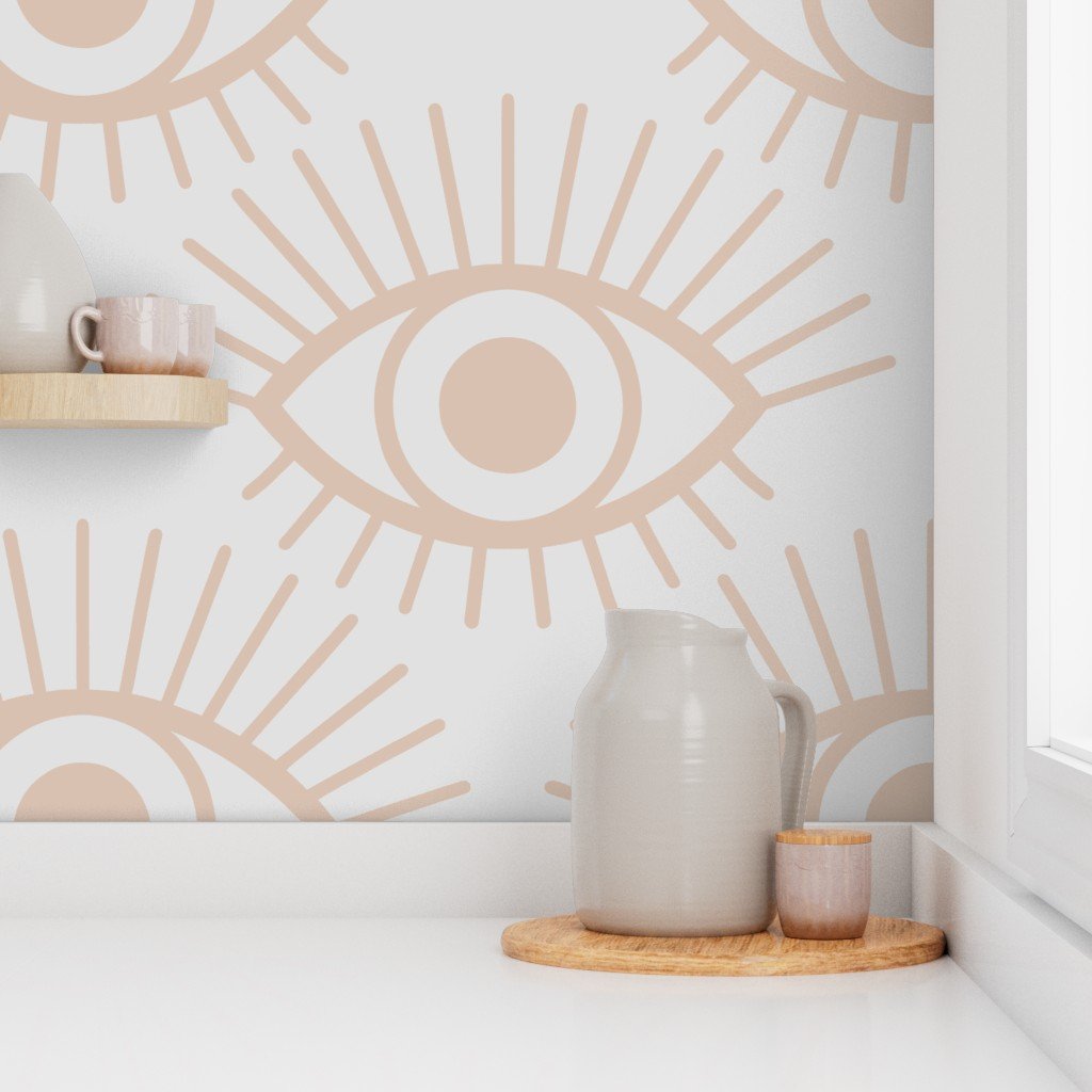 Mystical Eye Symbols in Muted Clay Pink and Cloud Grey Wallpaper
