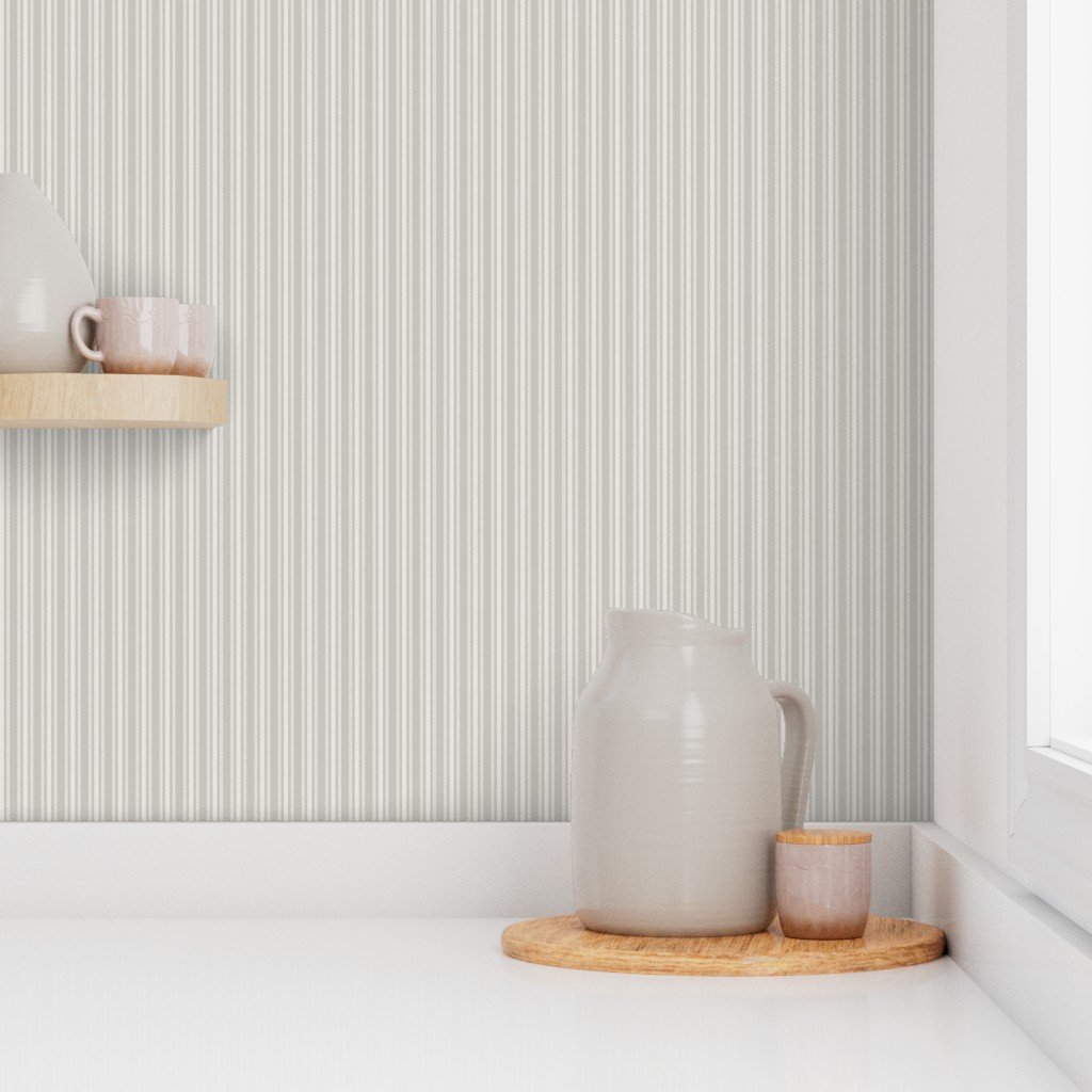 Light Dove Grey Thin Ticking Stripes on Warm Beige Wallpaper