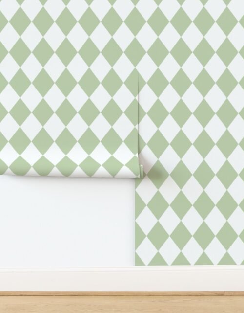 Pastel Pistachio Green Drift Diamonds on White Wallpaper