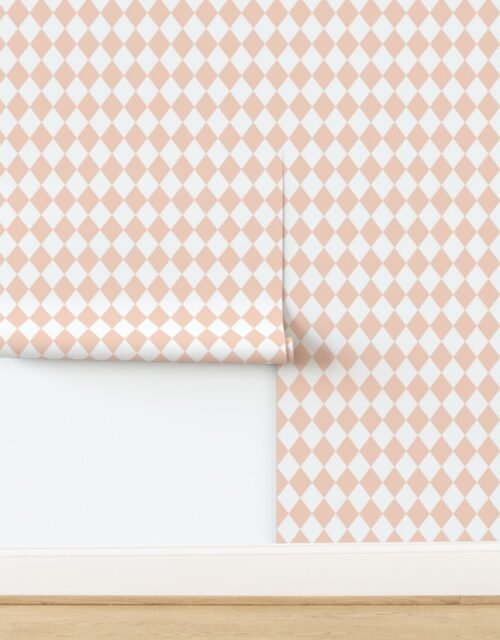 Small Pastel Peach Blush Glow Diamonds on White Wallpaper