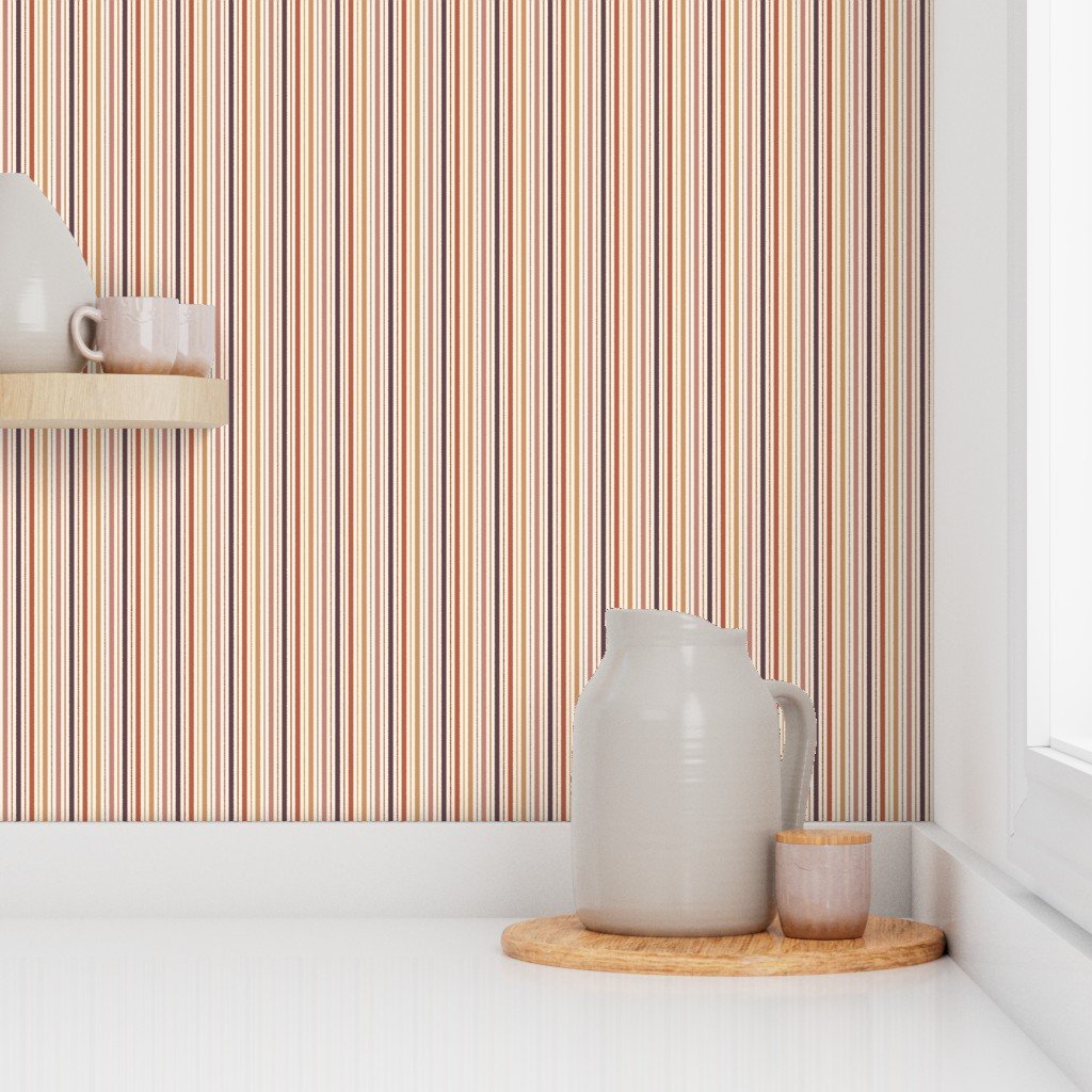 Mini Vertical Ticking Stripe in Burnt Terracotta Clay Shades on Cream Wallpaper