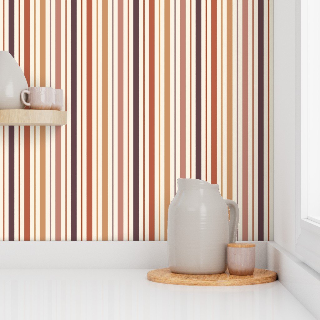 Vertical Ticking Stripe in Burnt Terracotta Clay Shades on Cream Wallpaper