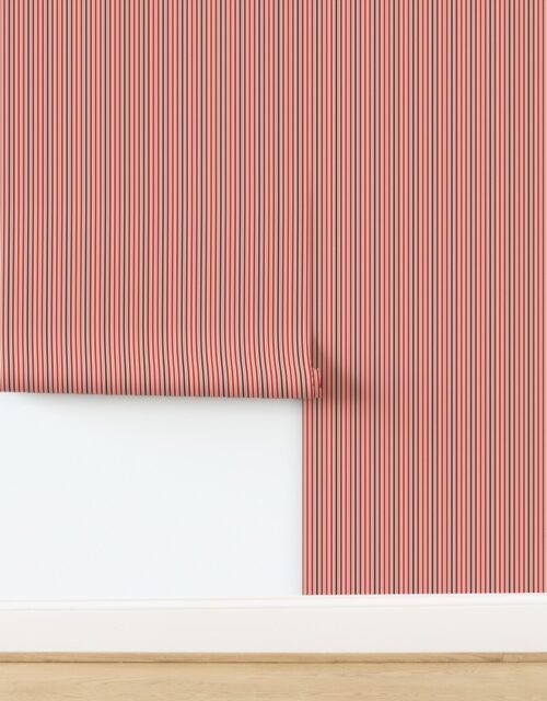 Mini Vertical Ticking Stripe in Cherry Red Burgundy and Cream Wallpaper