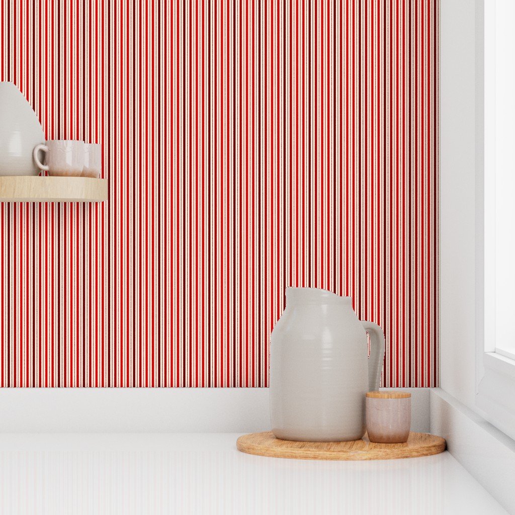 Mini Vertical Ticking Stripe in Cherry Red Burgundy and Cream Wallpaper