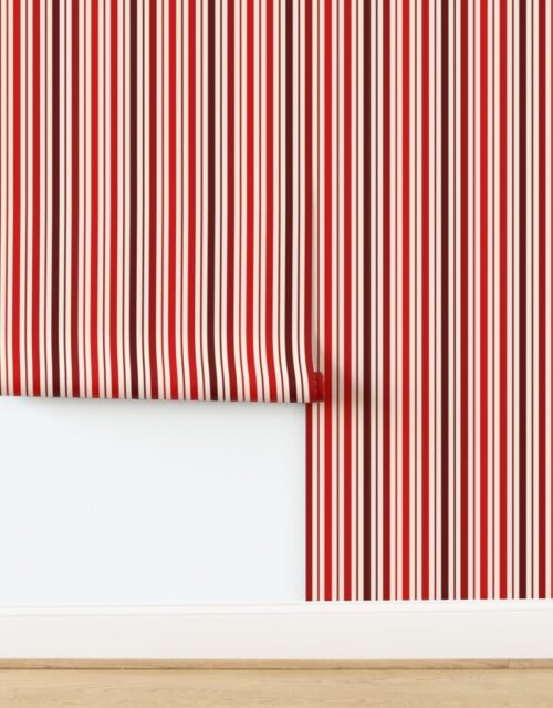 Standard Vertical Ticking Stripe in Cherry Red Burgundy and Cream Wallpaper