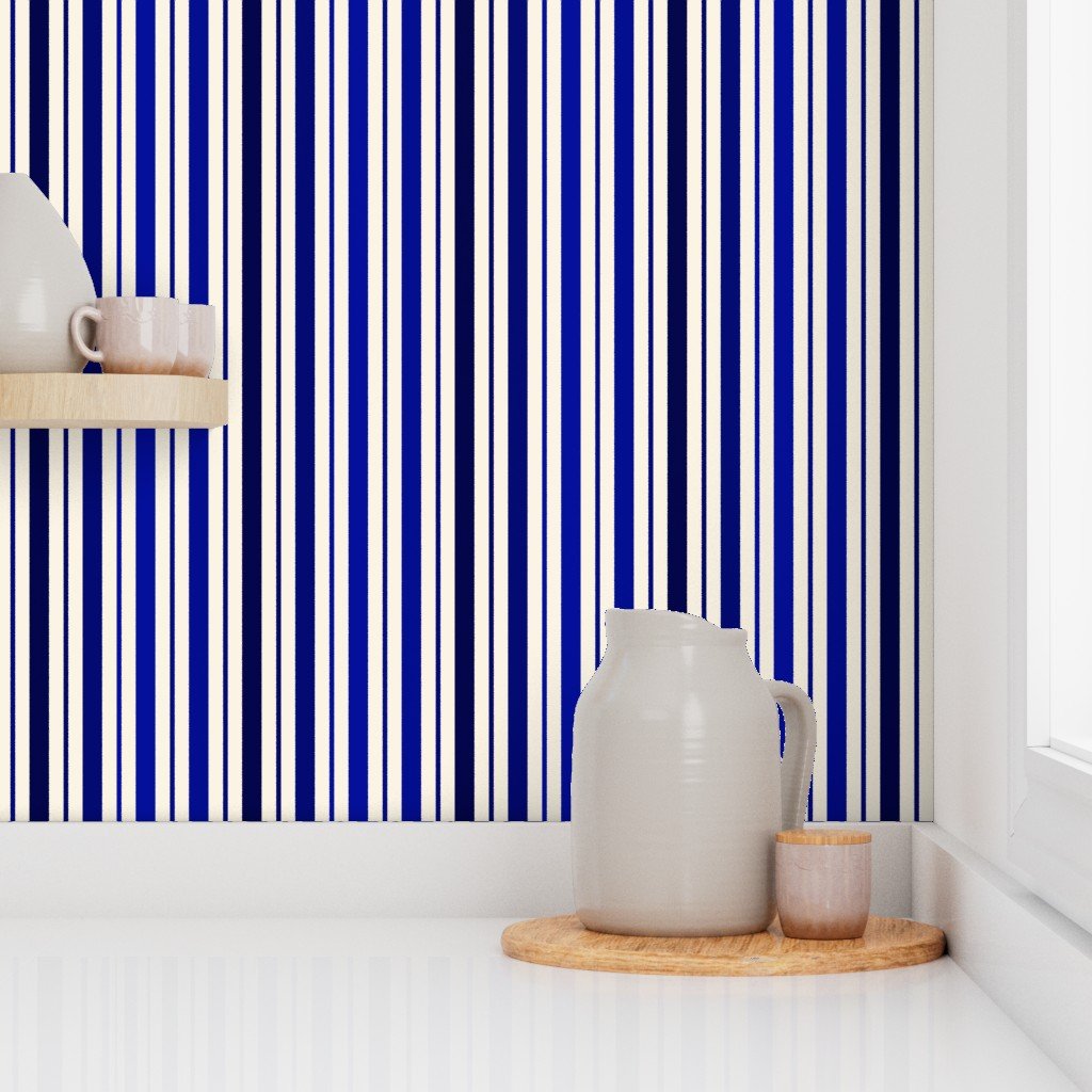 Vertical Ticking Stripe in Cobalt Navy and Cream Wallpaper