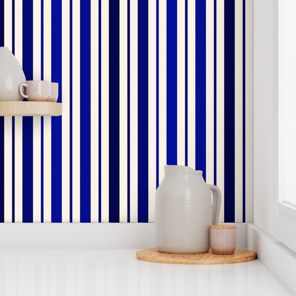 Large Vertical Ticking Stripe in Cobalt Navy and Cream Wallpaper