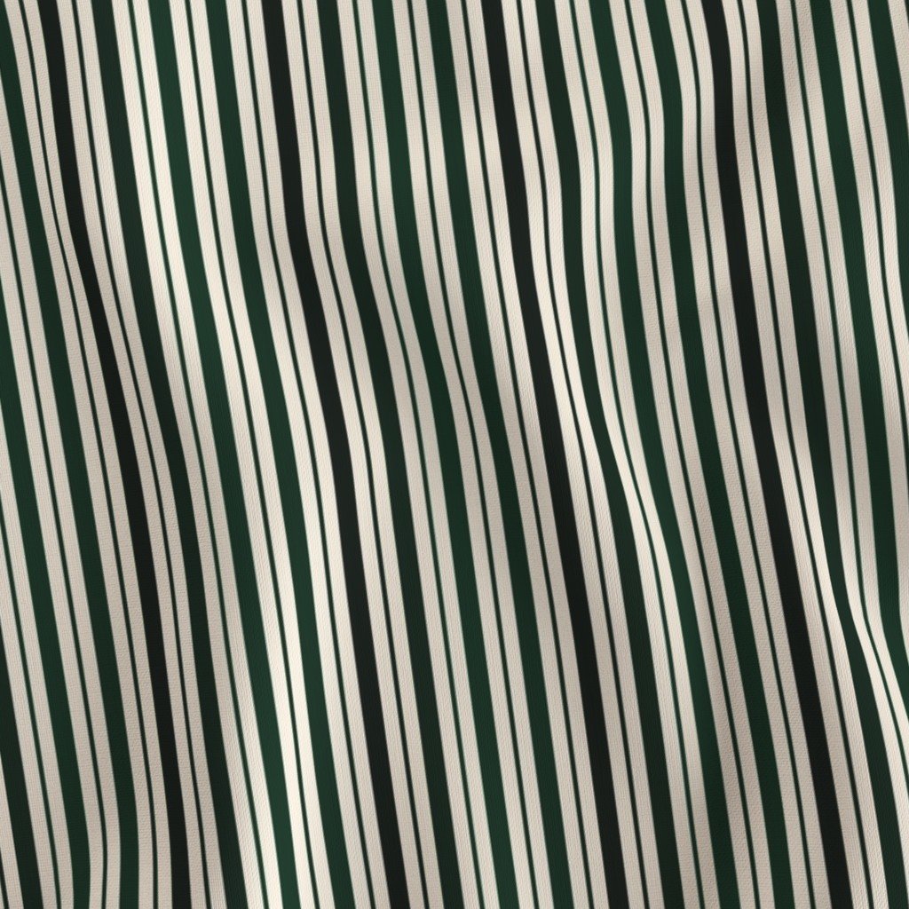 Small Vertical Ticking Stripe in Forest Pine Green Shades on Cream