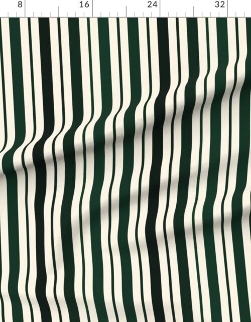 Vertical Ticking Stripe in Forest Pine Green Shades on Cream