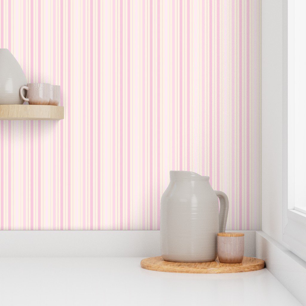 Small Vertical Ticking Stripe in Baby Pink Shades on Cream Wallpaper