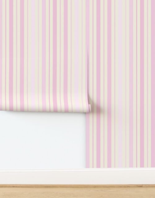 Large Vertical Ticking Stripe in Baby Pink Shades on Cream Wallpaper