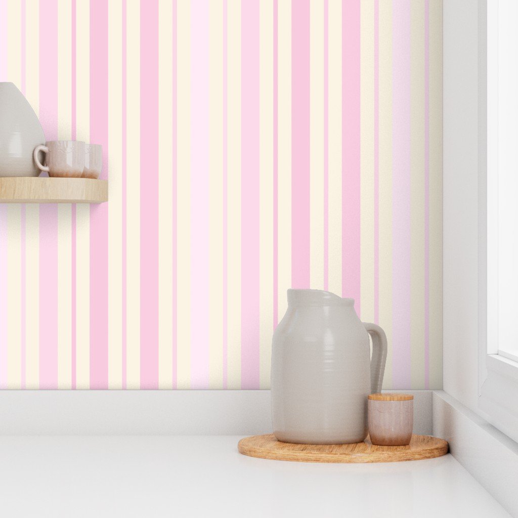 Large Vertical Ticking Stripe in Baby Pink Shades on Cream Wallpaper