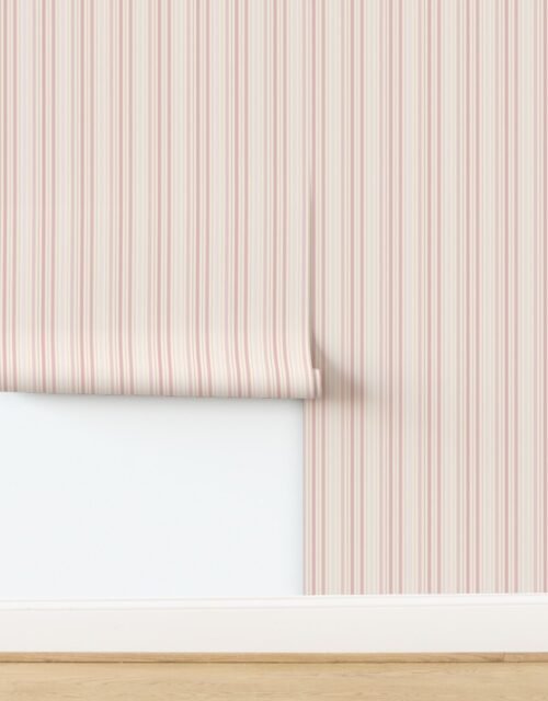 Small Vertical Ticking Stripe in Blush Pink Shades on Cream Wallpaper