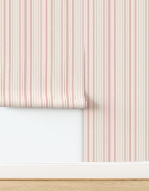 Vertical Ticking Stripe in Blush Pink Shades on Cream Wallpaper
