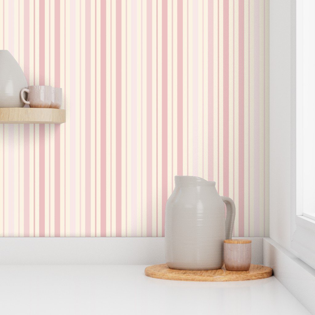 Vertical Ticking Stripe in Blush Pink Shades on Cream Wallpaper