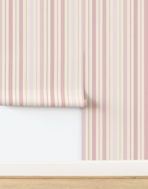 Large Vertical Ticking Stripe in Blush Pink Shades on Cream Wallpaper