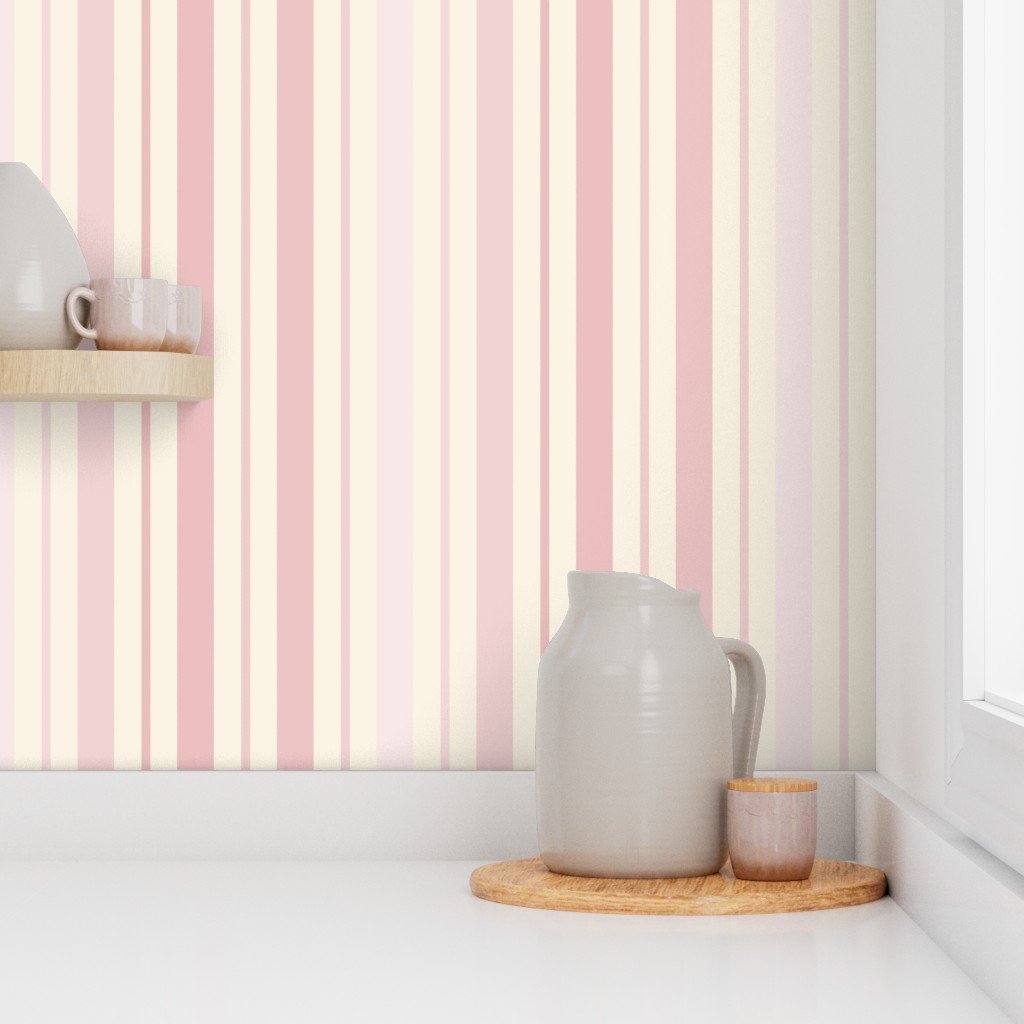 Large Vertical Ticking Stripe in Blush Pink Shades on Cream Wallpaper