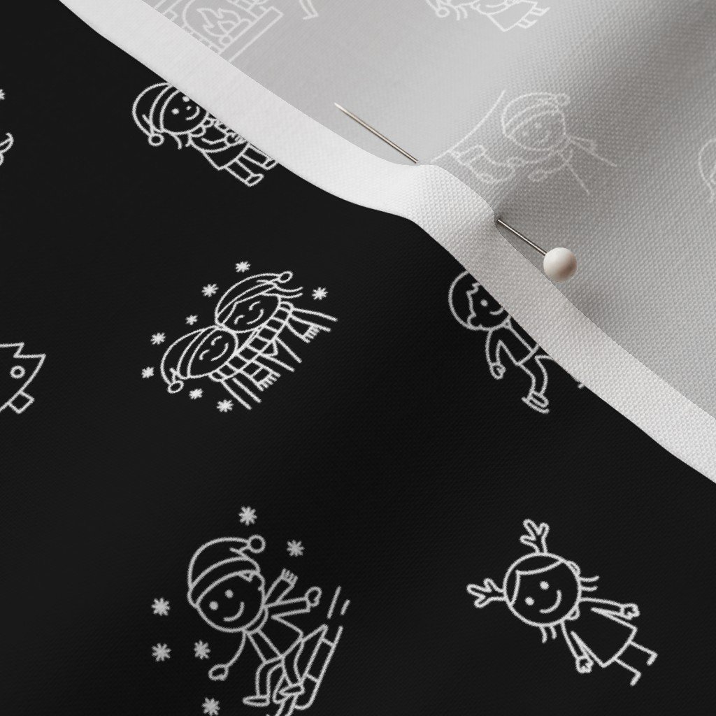 Fabric in Stick Figure Christmas Cheer Hand Drawn Holiday Doodle White on Black Fabric in Stick Figure Christmas Cheer Hand Drawn Holiday Doodle White on Black - Image 3