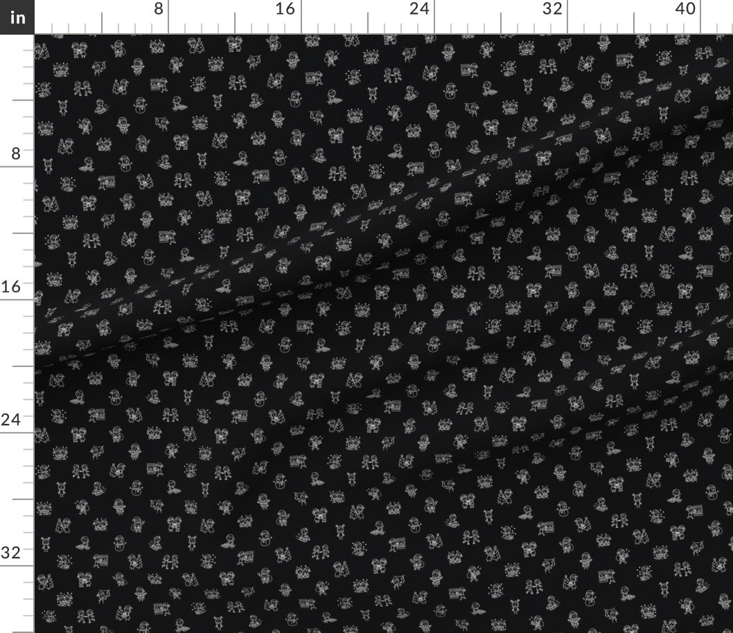 Fabric in Stick Figure Christmas Cheer Hand Drawn Holiday Doodle White on Black Fabric in Stick Figure Christmas Cheer Hand Drawn Holiday Doodle White on Black