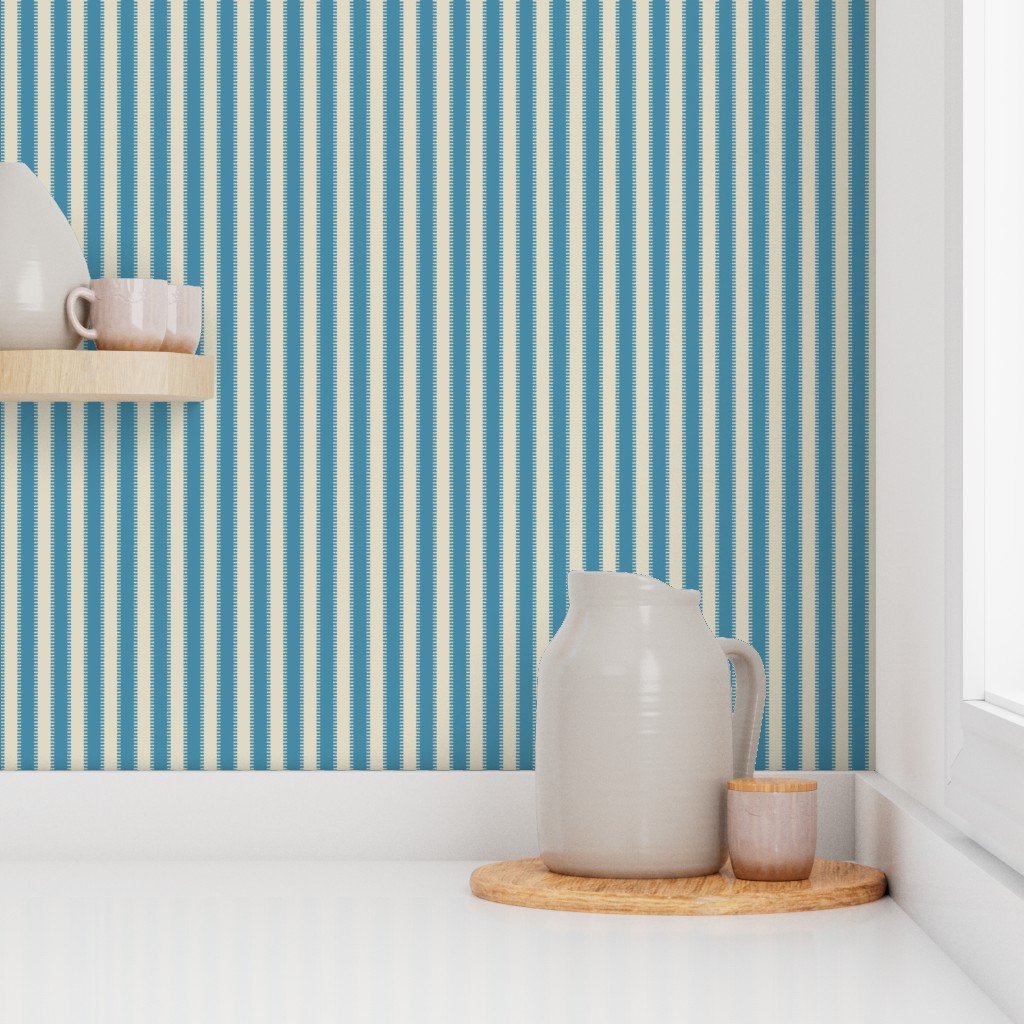 Serrated Tideglass Blue Small Stripe on Cream Wallpaper