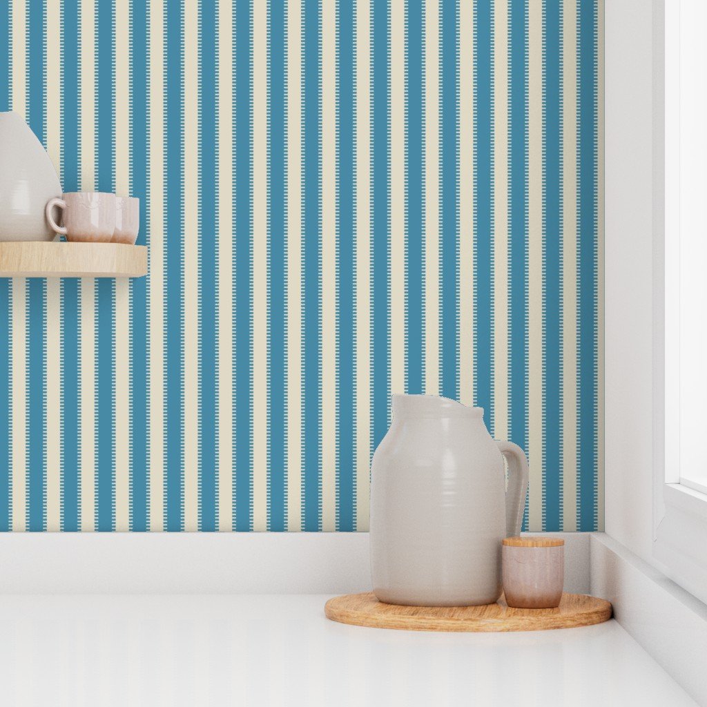 Serrated Tideglass Blue Classic Stripe on Cream Wallpaper