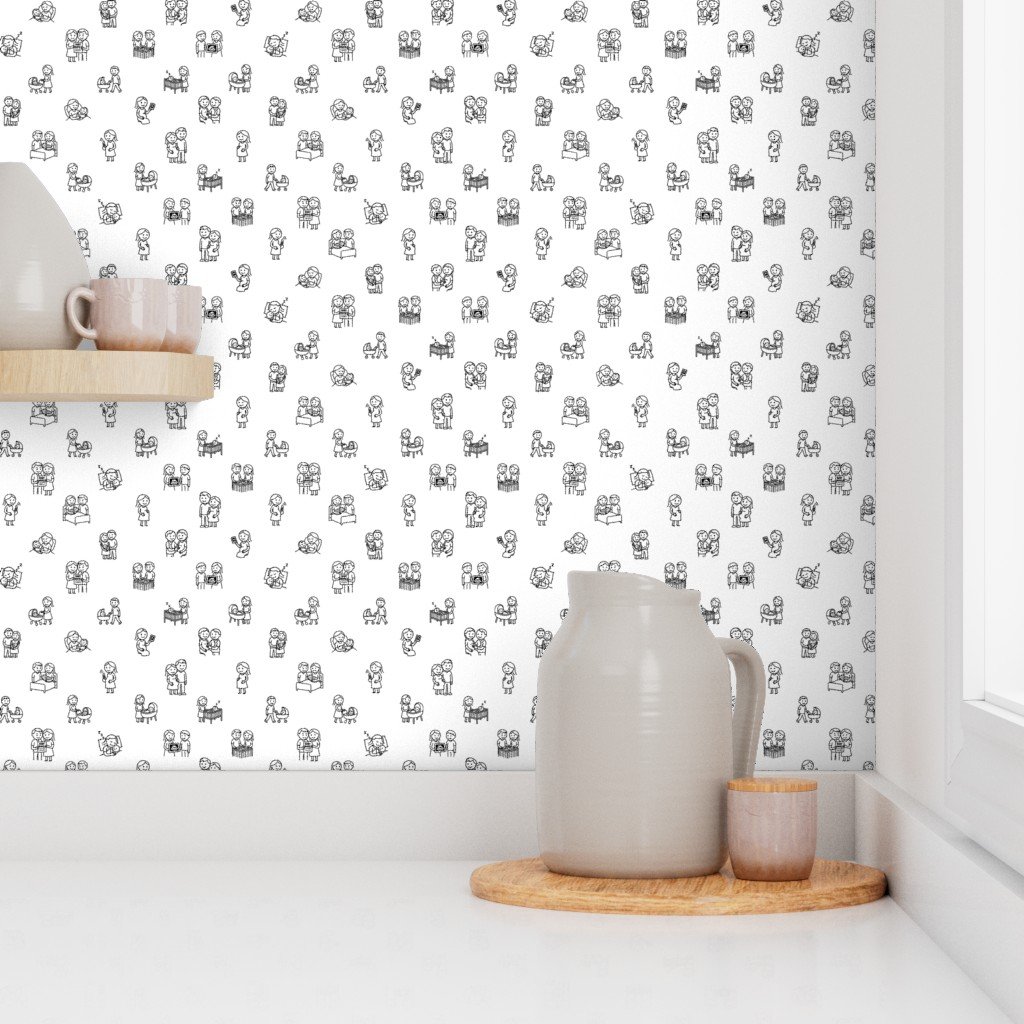 Baby Stick Figure Moments Pattern Black on White Wallpaper