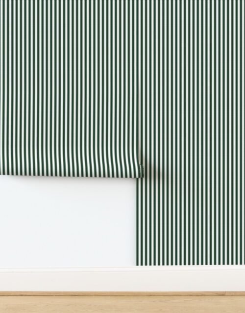 Serrated Pine Needle Green Mini Stripe on White Wallpaper