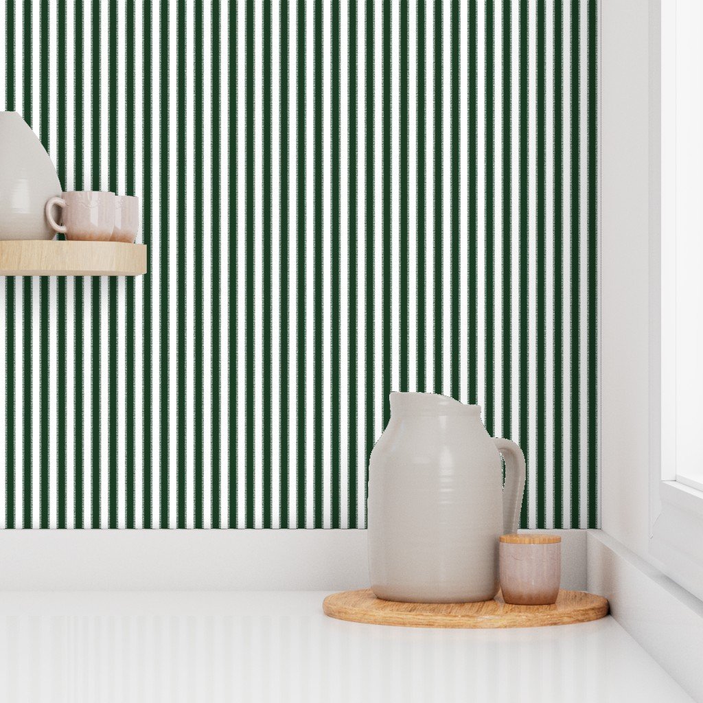 Serrated Pine Needle Green Mini Stripe on White Wallpaper