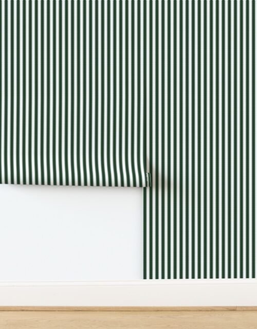 Serrated Pine Needle Green Small Stripe on White Wallpaper