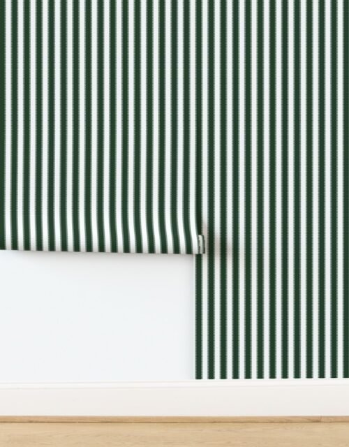 Serrated Pine Needle Green Classic Stripe on White Wallpaper