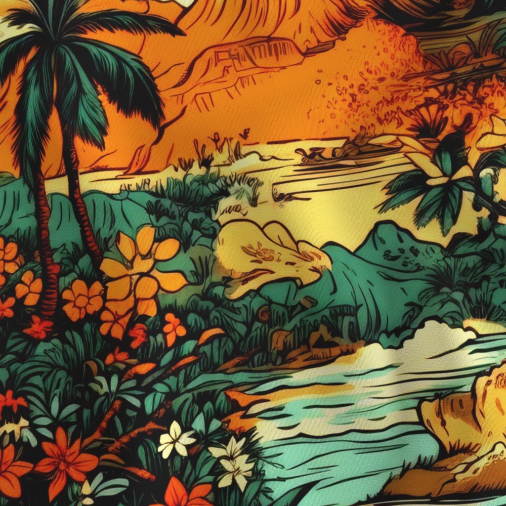 Vintage Hawaiian Tropical Floral Landscape in Bright Volcano Sunset Colors