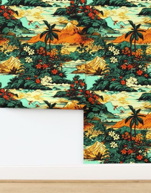 Vintage Hawaiian Tropical Floral Landscape in Bright Volcano Sunset Colors Wallpaper