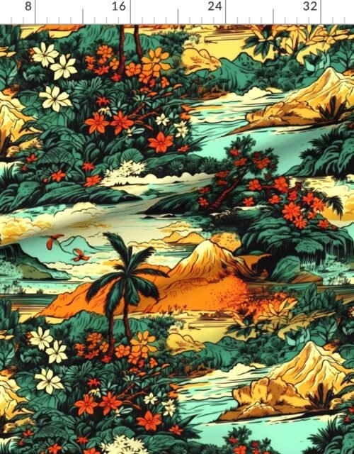 Vintage Hawaiian Tropical Floral Landscape in Bright Volcano Sunset Colors