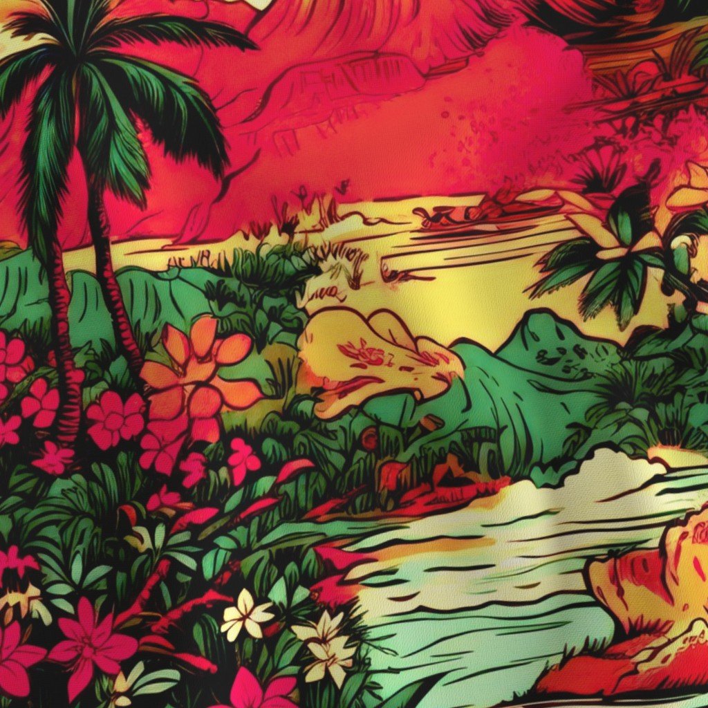 Vintage Hawaiian Tropical Floral Landscape in Magenta and Emerald Sunset To