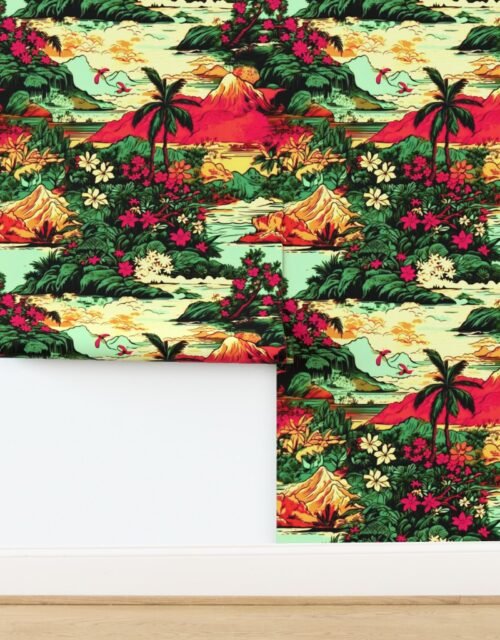 Vintage Hawaiian Tropical Floral Landscape in Magenta and Emerald Sunset To Wallpaper