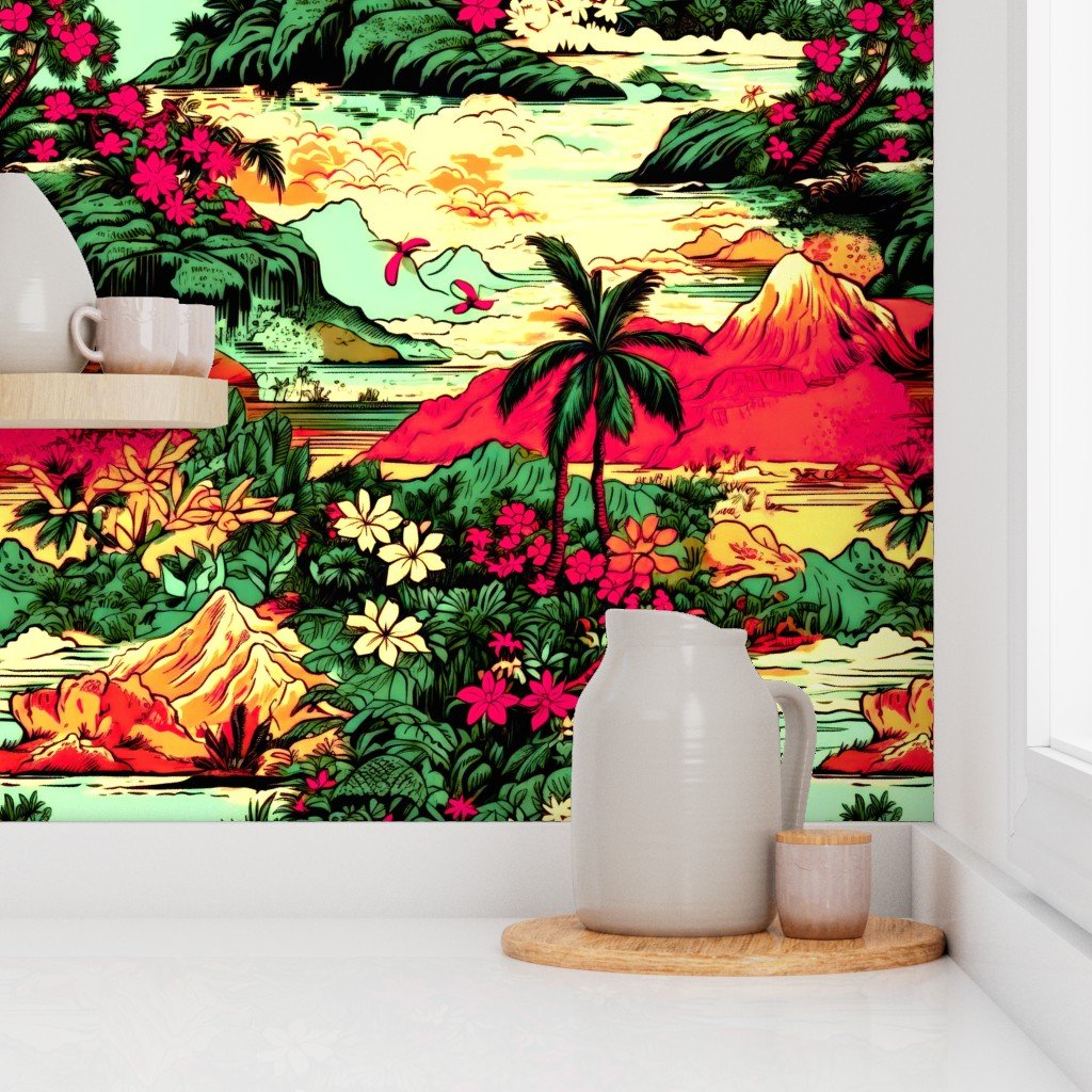 Vintage Hawaiian Tropical Floral Landscape in Magenta and Emerald Sunset To Wallpaper