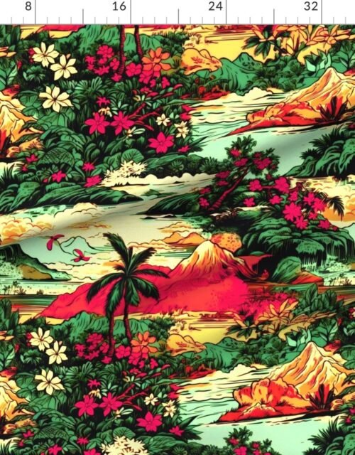 Vintage Hawaiian Tropical Floral Landscape in Magenta and Emerald Sunset To