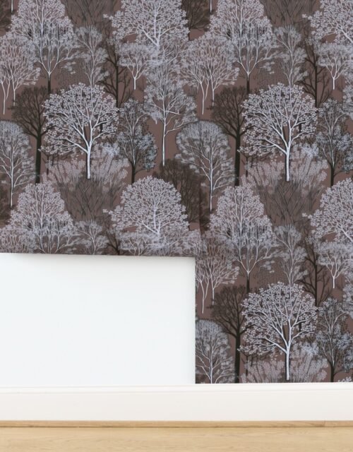 New England Endless Forest Trees in Frosted Brown Winter Wallpaper