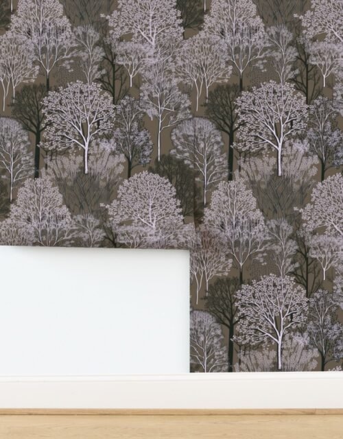 New England Endless Forest Trees in Dusty Cocoa Winter Wallpaper