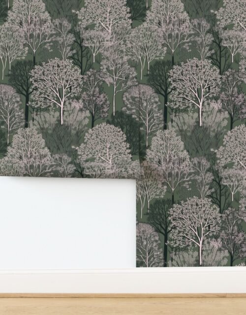 New England Endless Forest Trees in Mossy Green Winter Wallpaper