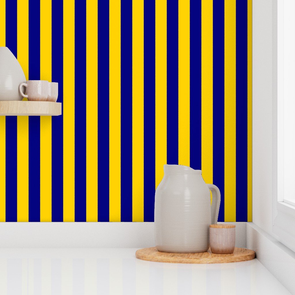 Bold Coastal Classic Navy Blue and Yellow Cabana Tent Stripe Wallpaper