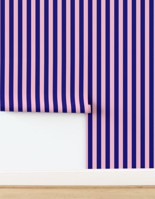 Bold Coastal Classic Navy Blue and Pink Cabana Tent Stripe Wallpaper