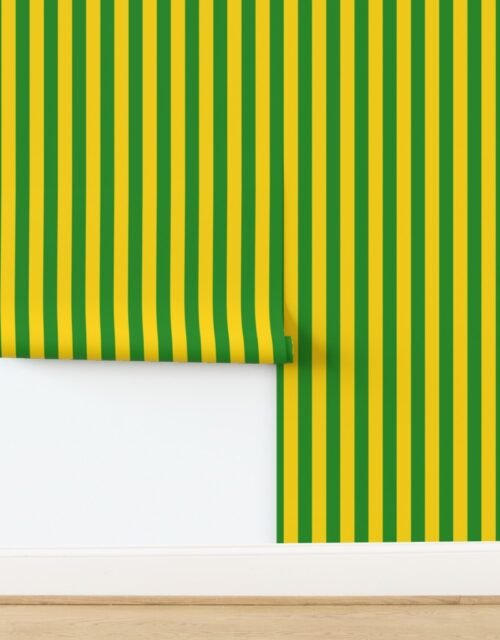 Bold Coastal Classic Yellow and Forest Green Cabana Tent Stripe Wallpaper